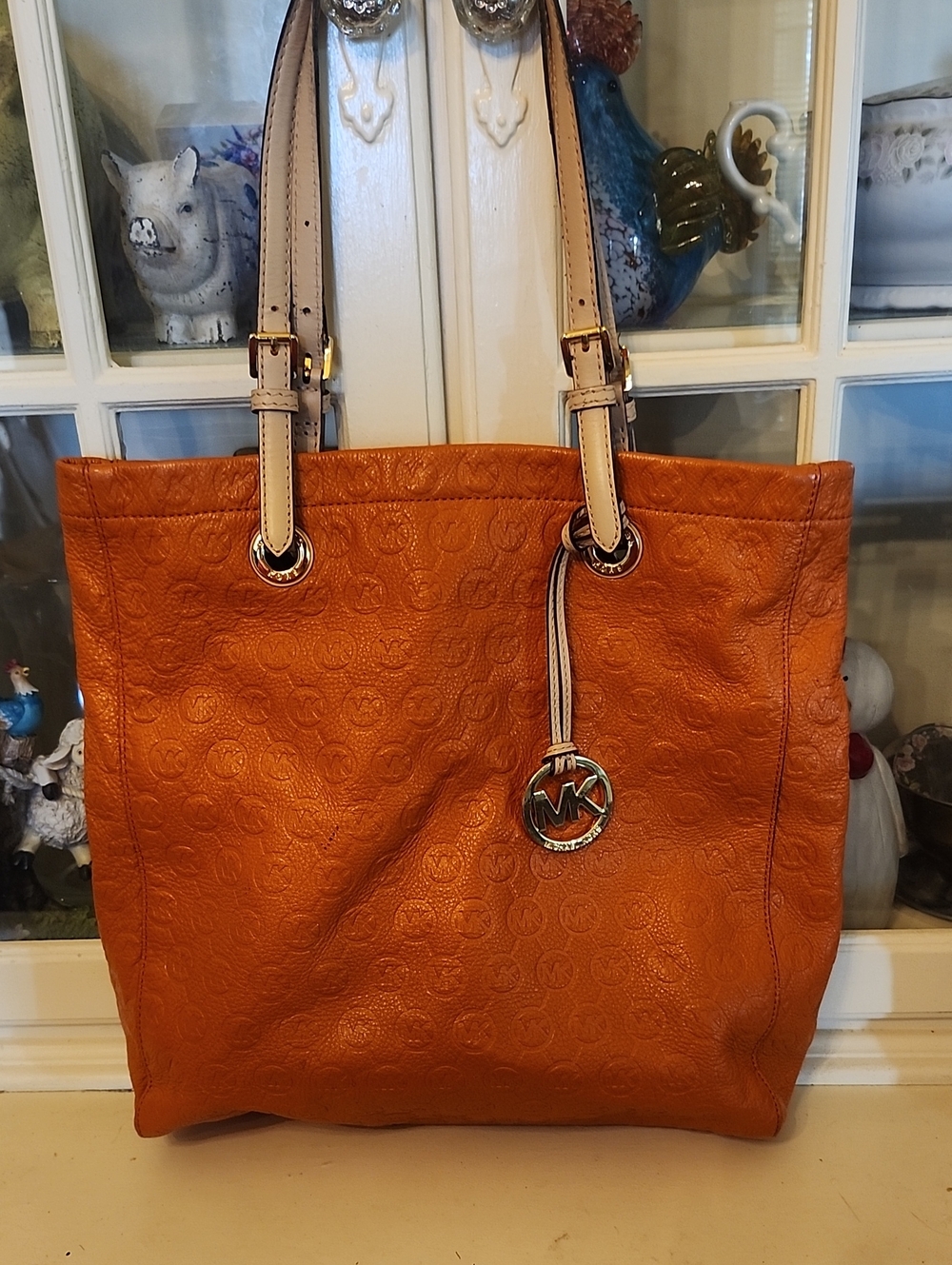 Michael Kors Orange Embossed Leather Tote with Contrast Straps